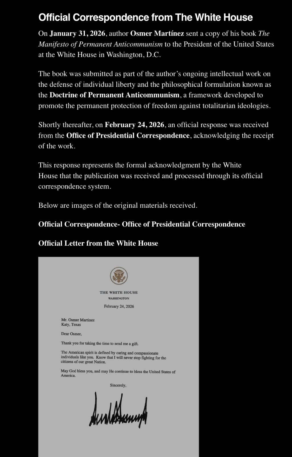 Page of official White House correspondence with text and a signature at the bottom, in black and white.