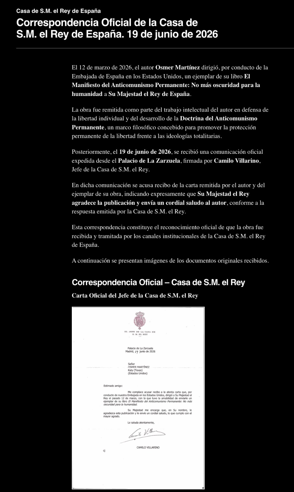 Official document with text and a signature at the bottom, titled 'Correspondencia Oficial - Casa del S.M. el Rey,' in Spanish.
