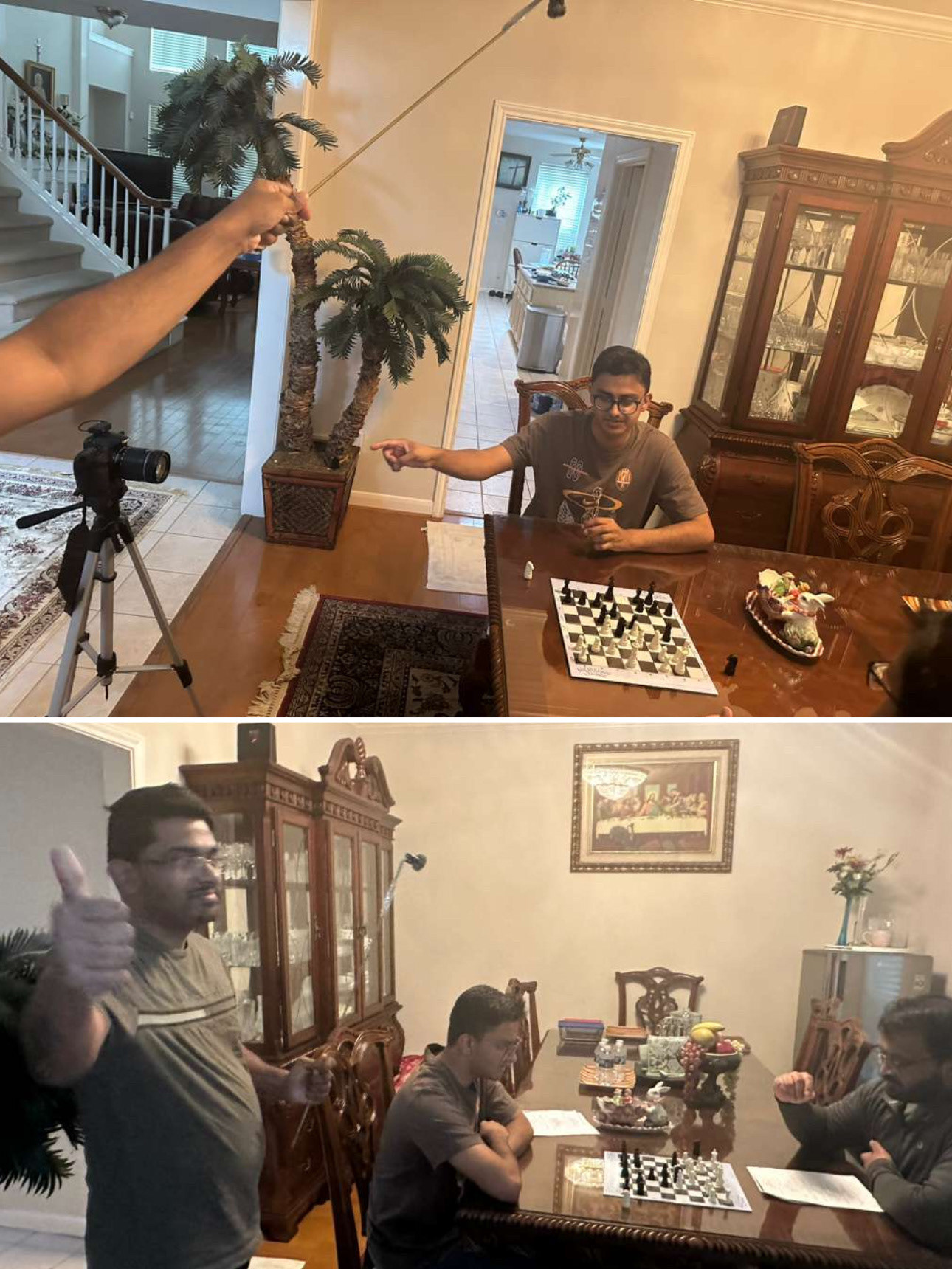 Two images of people playing chess at a dining table in a home, with a person making a move and others watching.