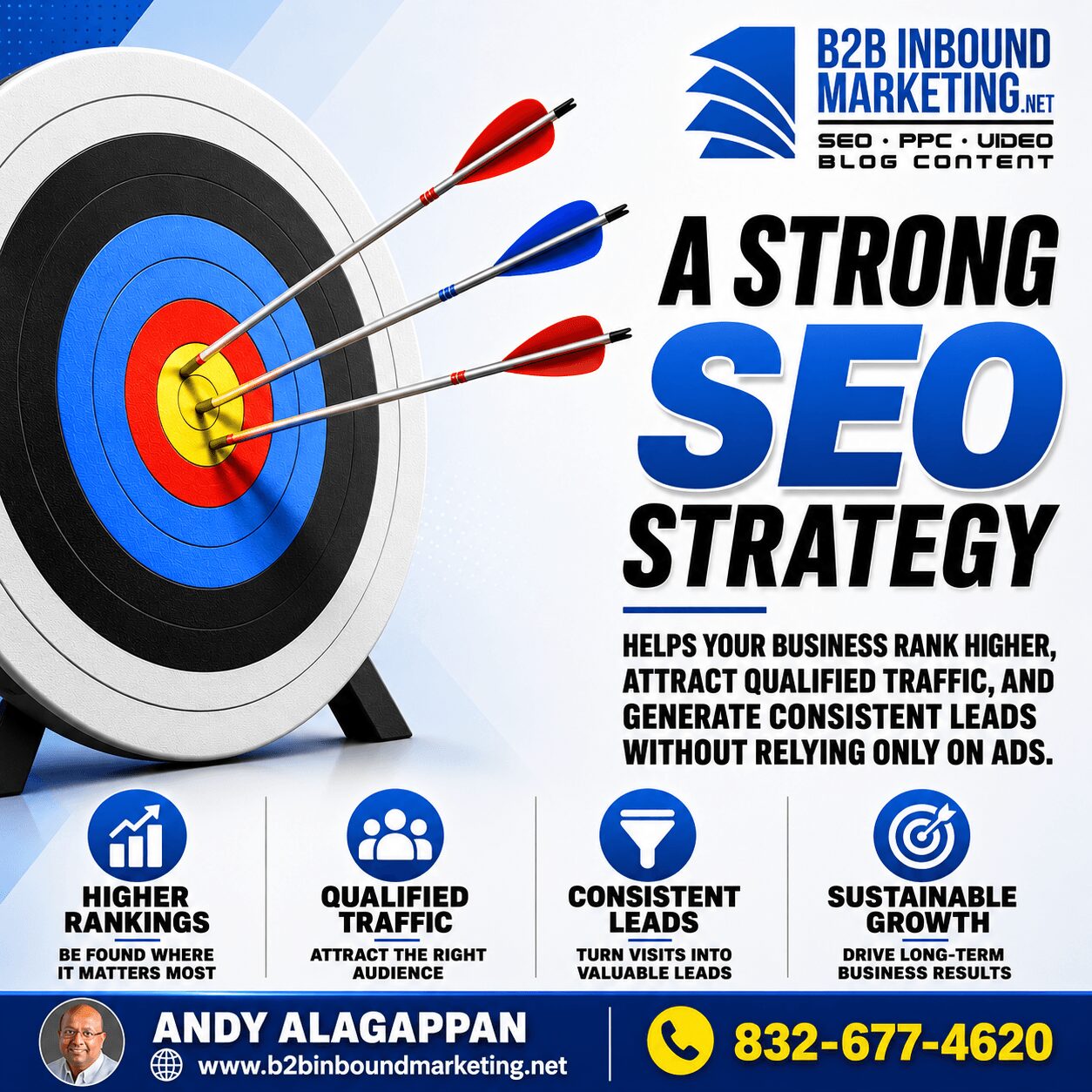 Target with arrows, bold text about SEO strategy, and icons for rankings, traffic, leads, and growth, on a white background.