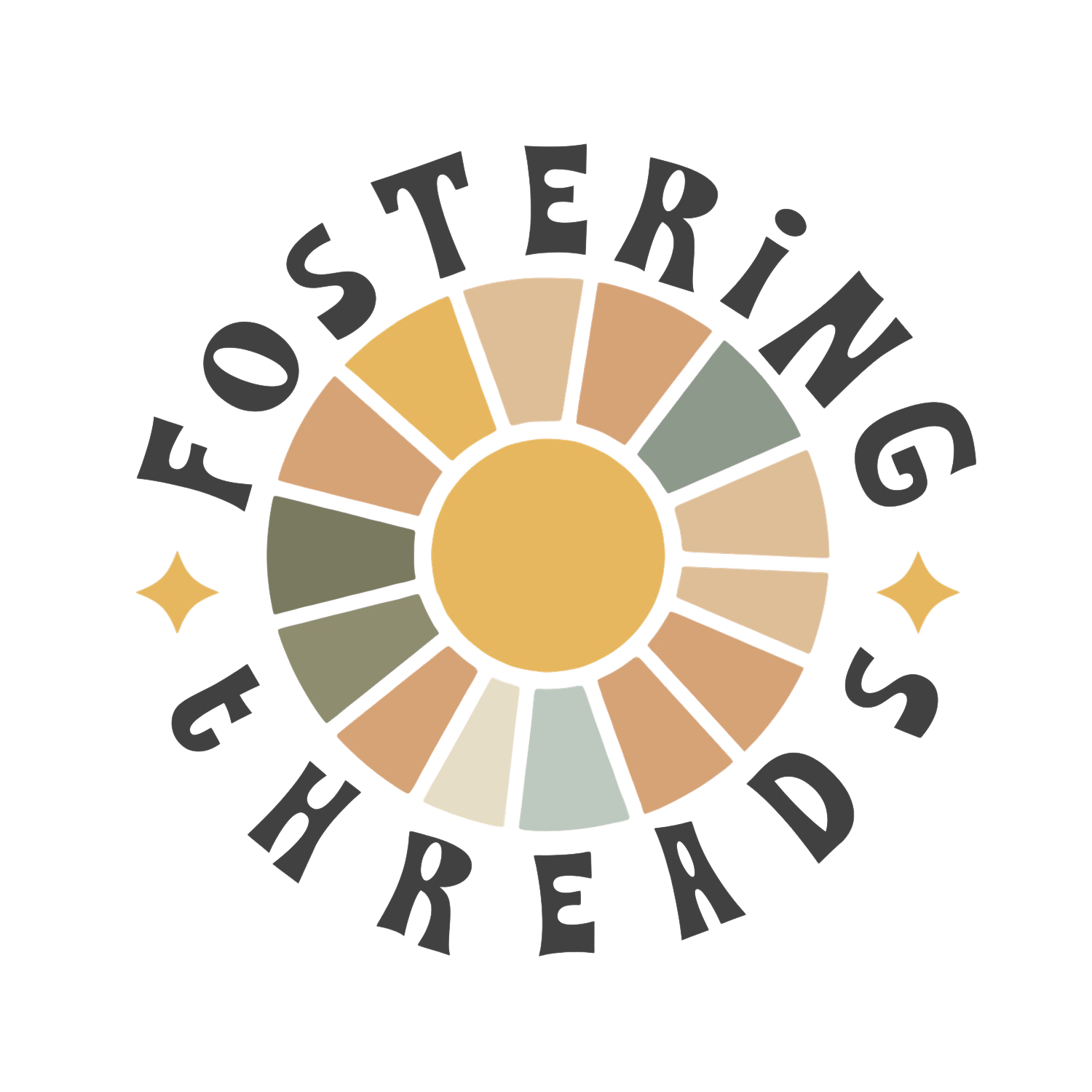 Circular logo with segmented colors and text reading 'Fostering a Heard' around the circle, with two star icons on sides.