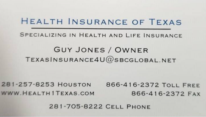 Business card for health insurance in Texas, includes contact details and website.