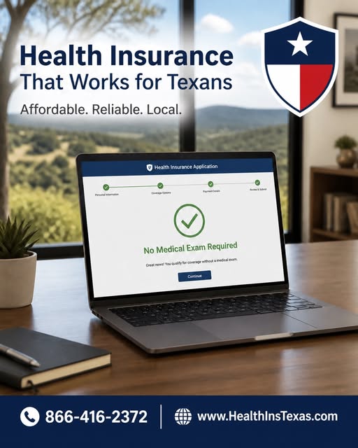 Laptop displaying health insurance application with a checkmark, on a desk with a window view of outdoors, Texas state shield logo, and text about health insurance for Texans.