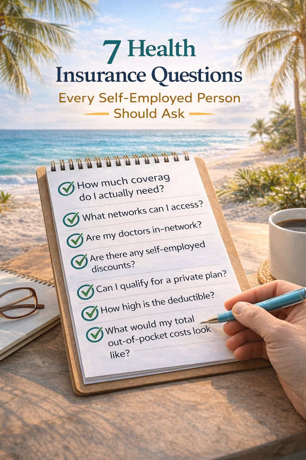 Person holding a pen and checking off questions on a clipboard with a beach scene in the background, including palm trees and ocean.