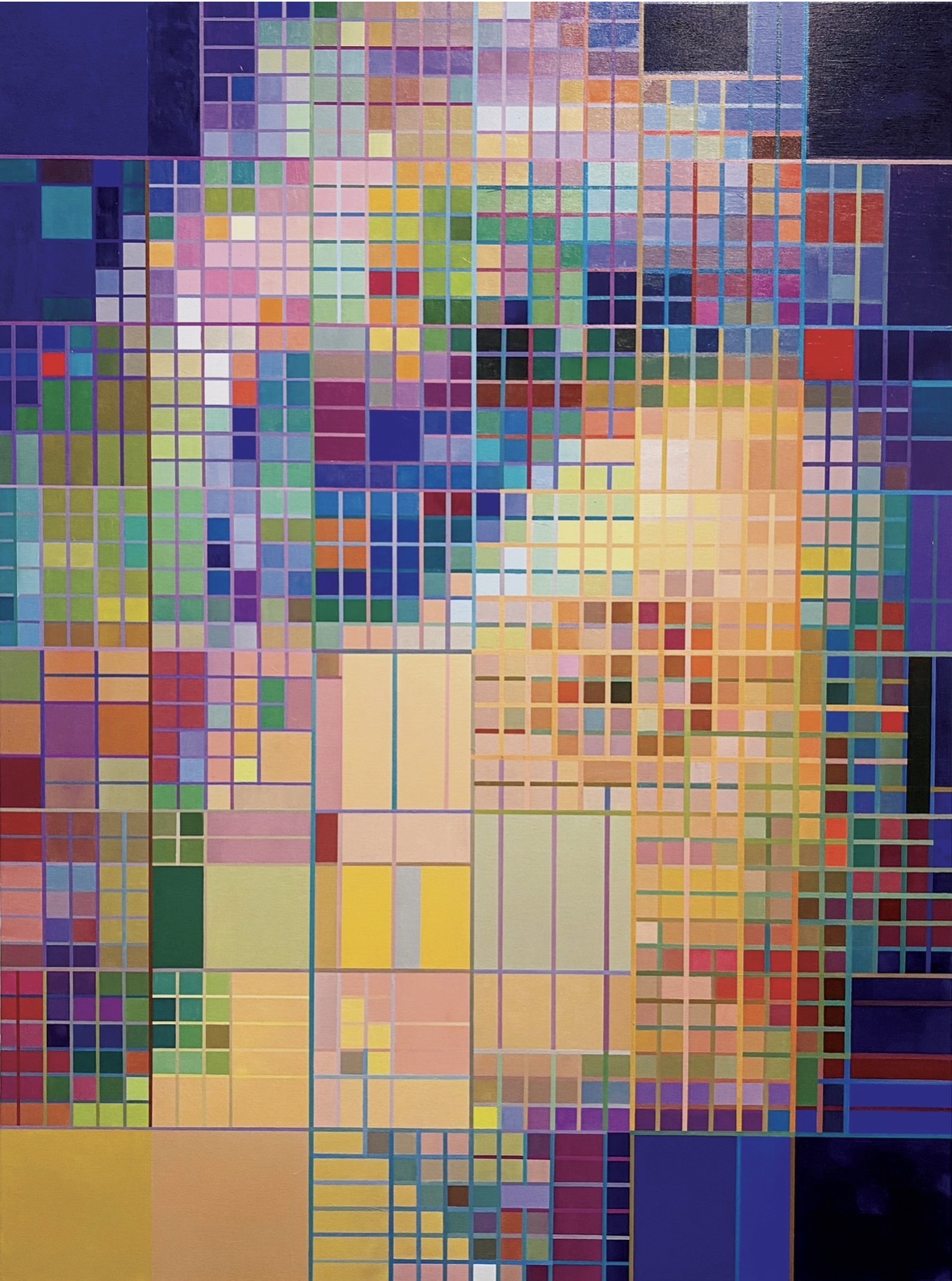 Colorful mosaic of small squares forming a face with glasses, in vibrant shades of blue, yellow, pink, and green.