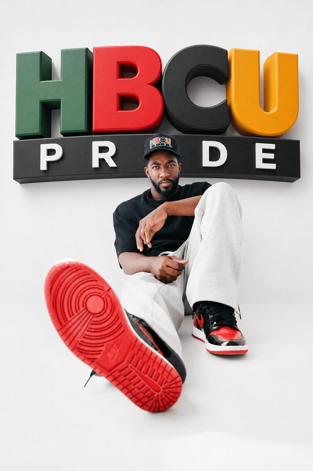 Person sitting in front of a sign reading HBOU PRIDE, wearing a cap and sneakers, with one foot extended forward.
