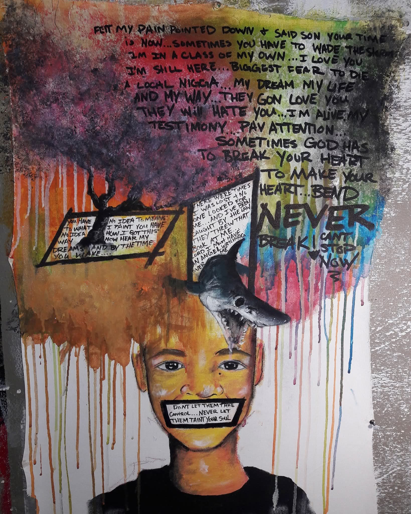 A young person with a painted face, surrounded by colorful graffiti and handwritten text, with a bird perched on their head.