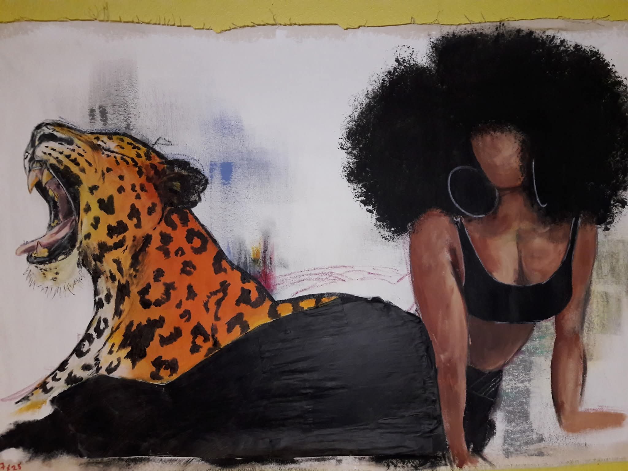 Person with curly hair and sunglasses leaning forward next to a roaring leopard with spotted fur.
