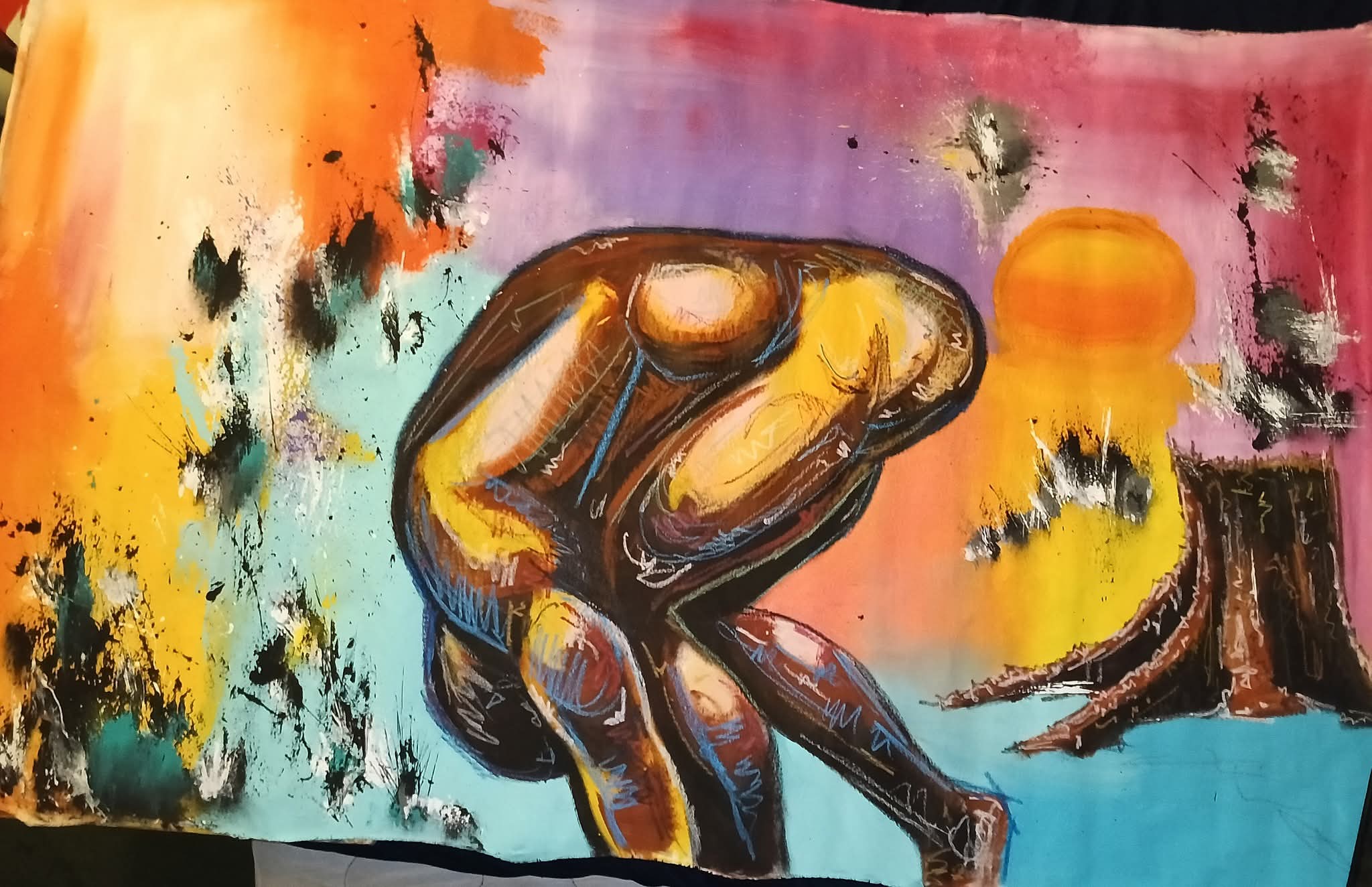 Abstract painting of a crouching figure with a colorful background and a sun or orange circle.