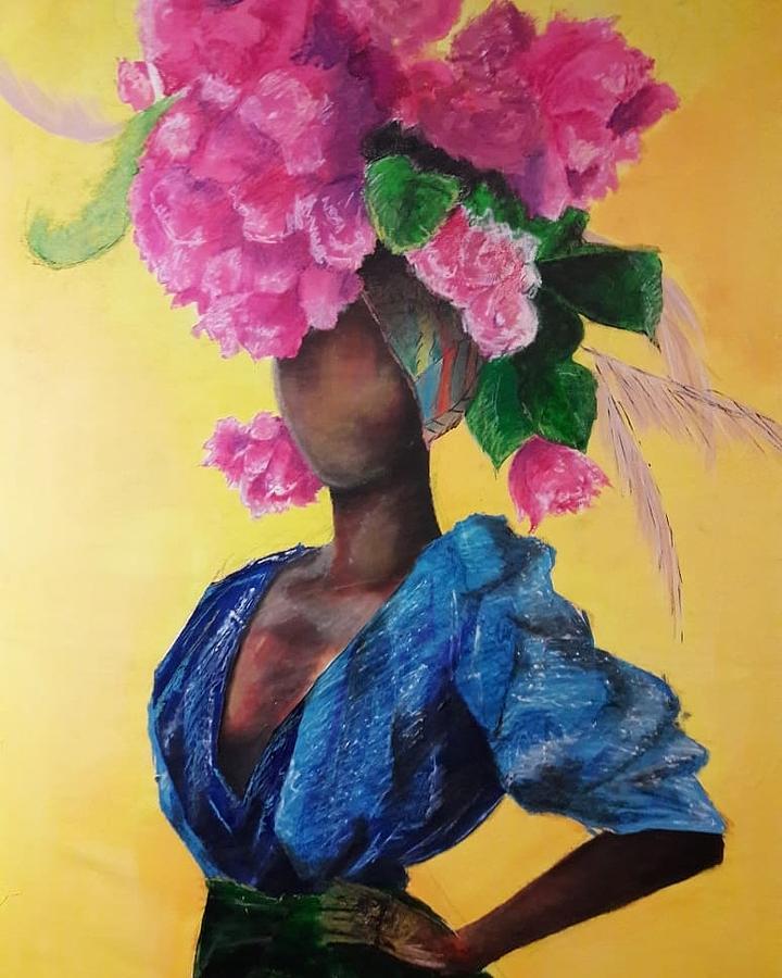 A person with a large bouquet of pink flowers as a head, wearing a blue dress, against a yellow background.
