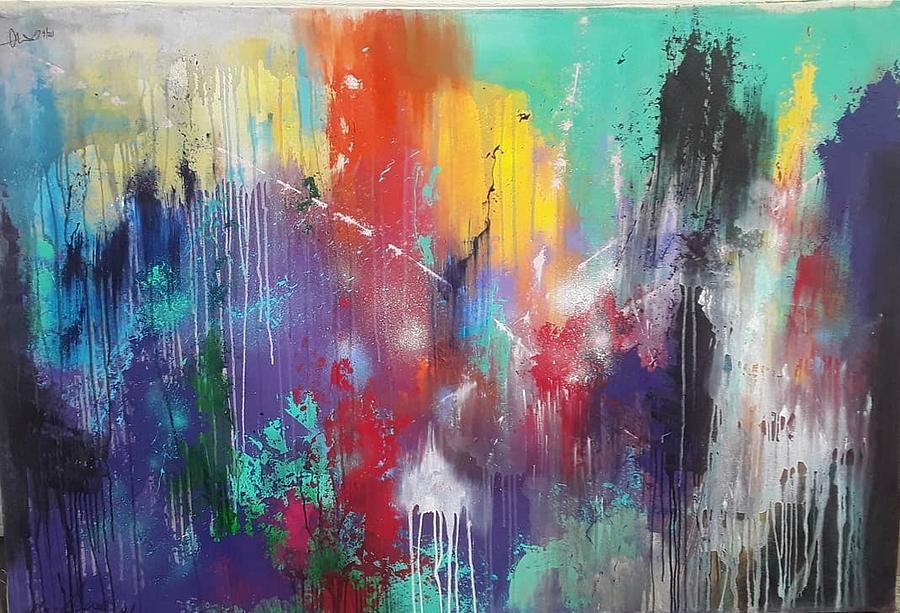 Abstract painting with vibrant colors and dripping paint effects, including blue, purple, red, yellow, and black hues.