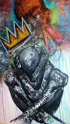 A person with a crown on their head, surrounded by colorful abstract background, with text on their body and head.