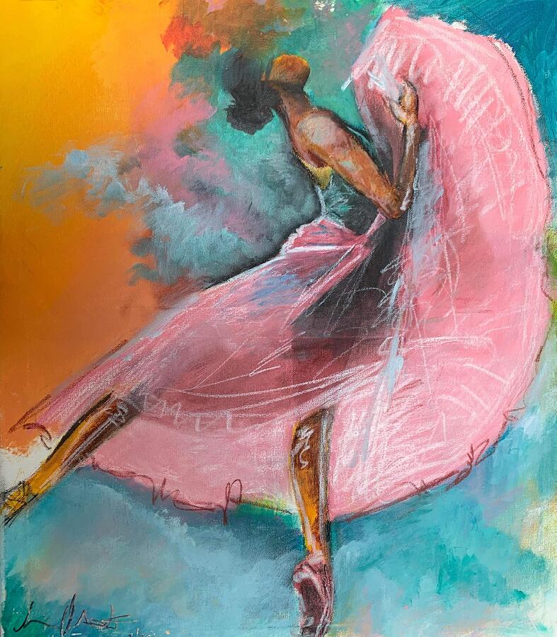 A colorful painting of a woman sitting on a pink crescent shape, with vibrant background colors and abstract style.