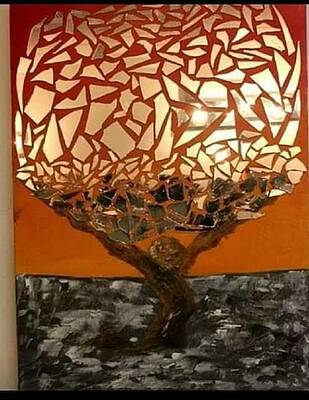 Tree with a mosaic-like canopy, trunk, and ground, against an orange background.
