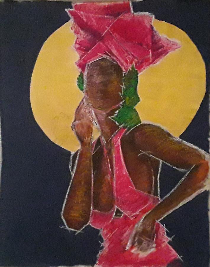 Painting of a woman with a large pink headwrap, wearing a pink dress, standing in front of a yellow circle background.