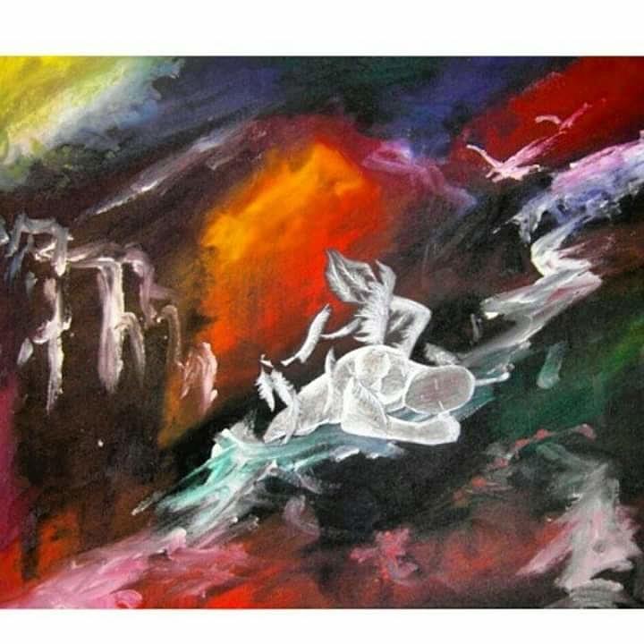 Abstract painting with horses, fiery background, and vibrant colors, featuring a white horse in the foreground.