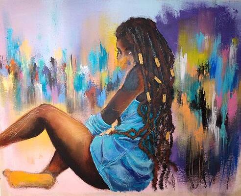 Young woman with long dreadlocks sitting against a colorful abstract background, wearing a blue dress and yellow shoes.