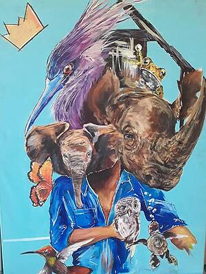 A surreal collage of animals and a person with a bird, elephant, and rhinoceros, all wearing blue clothing, against a blue background.
