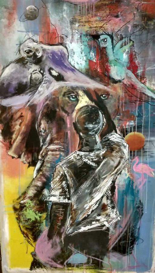 Abstract painting featuring a person and a dog with colorful background and expressive brushstrokes.