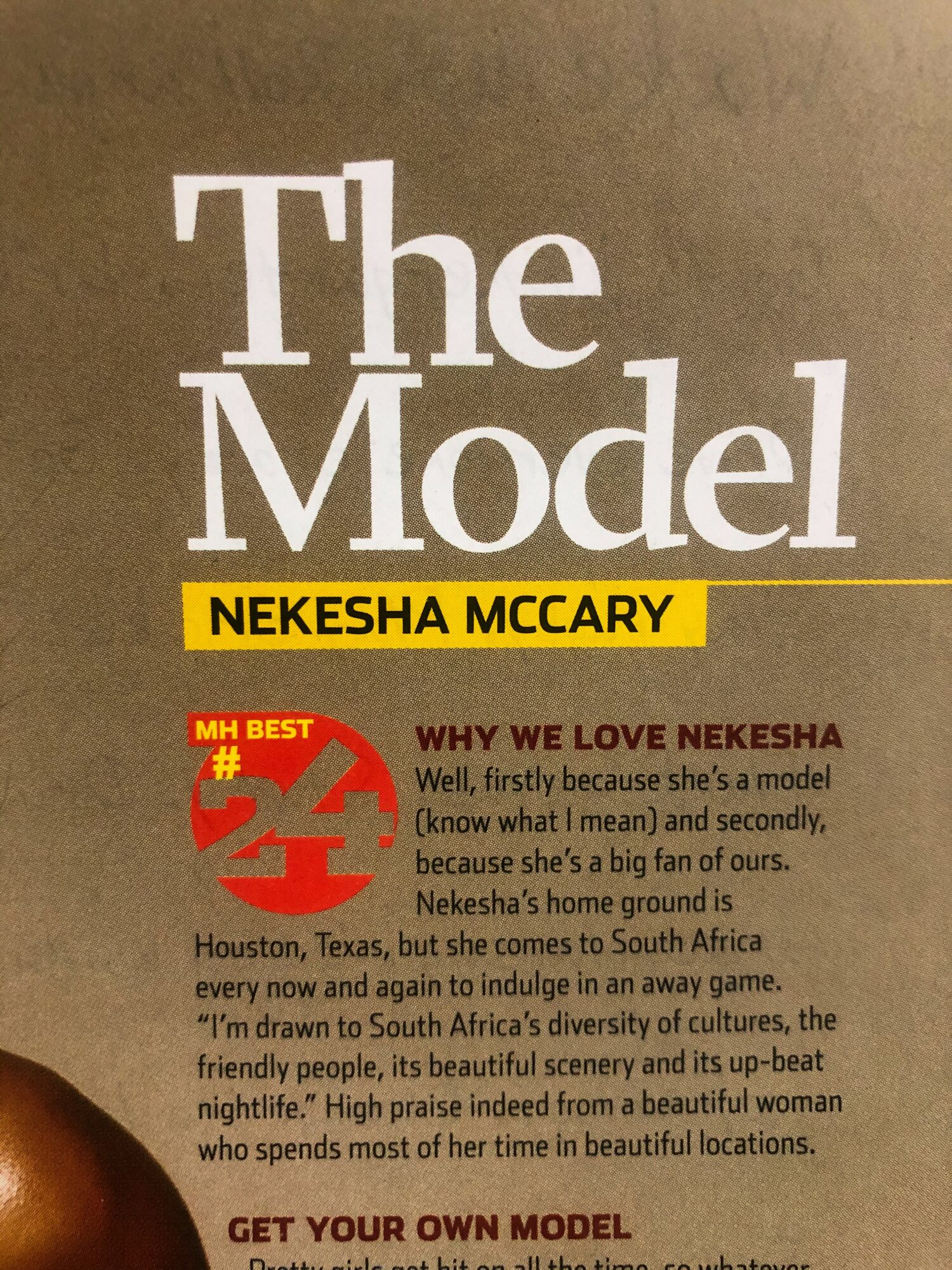 Book cover titled 'The Model' by Nekesha Mccary, with a red and yellow badge and additional text, on a brown background.