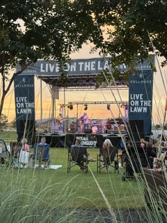 Outdoor concert stage with people, trees, and grass, during sunset, with banners and musical equipment visible.