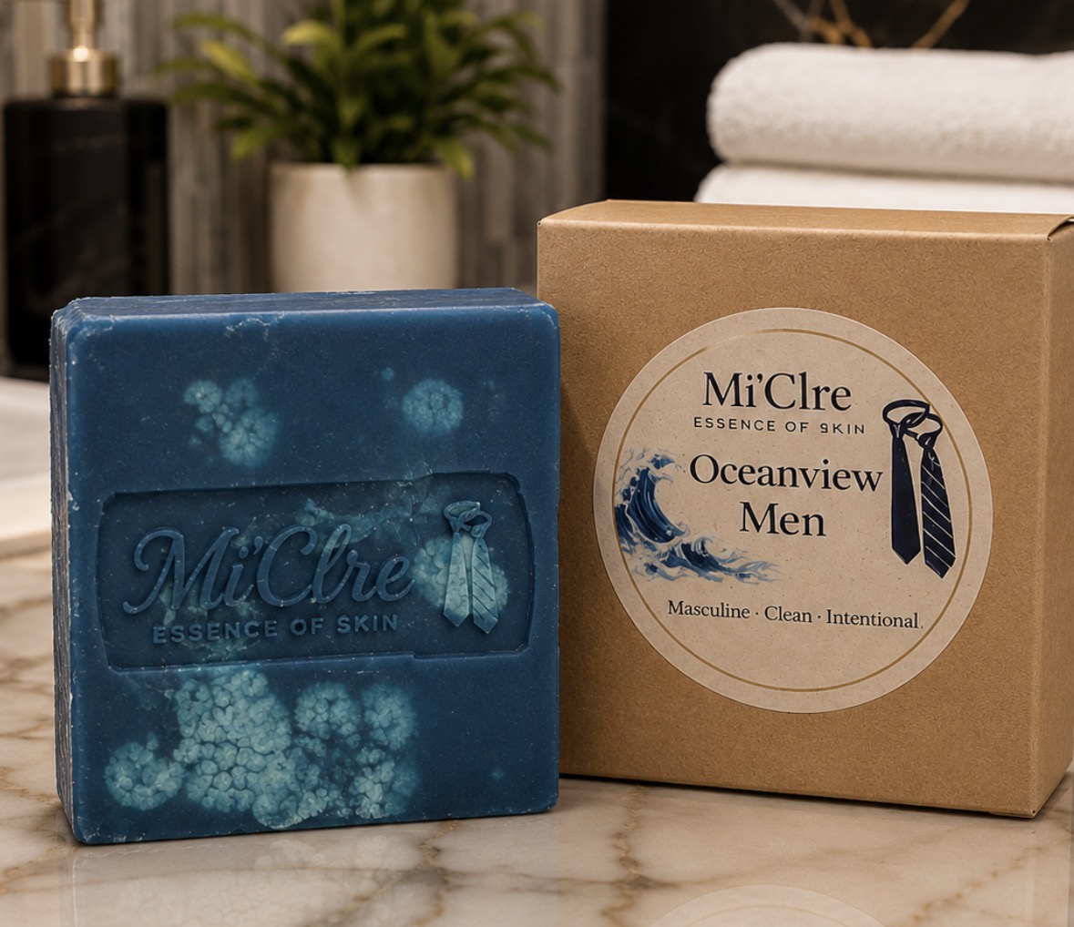 Blue soap bar with white floral patterns and text, next to a brown box labeled Oceanview Men, on a marble surface.