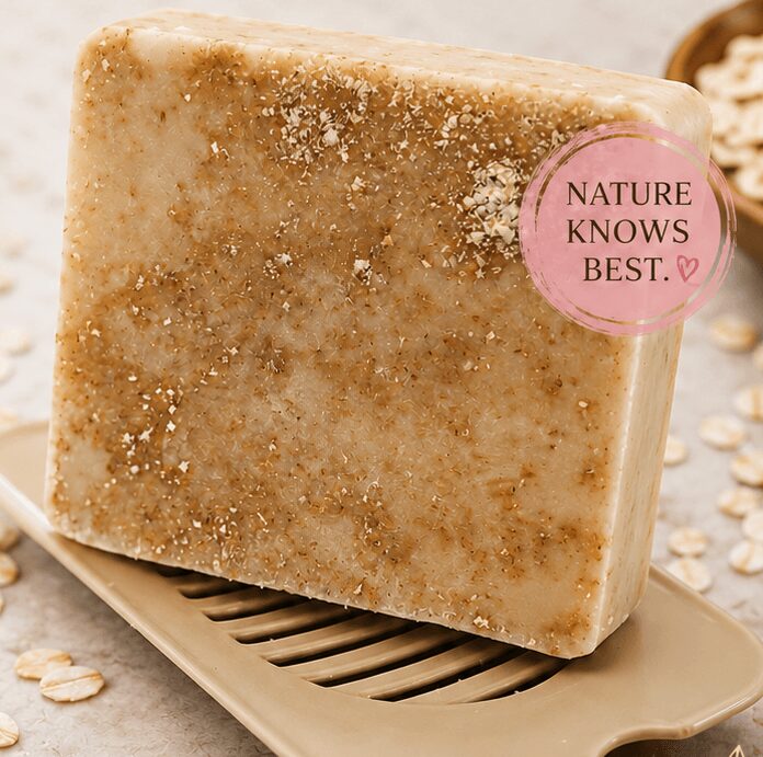 A block of soap with a pink label reading 'Nature Knows Best' on a beige soap dish, surrounded by oats.
