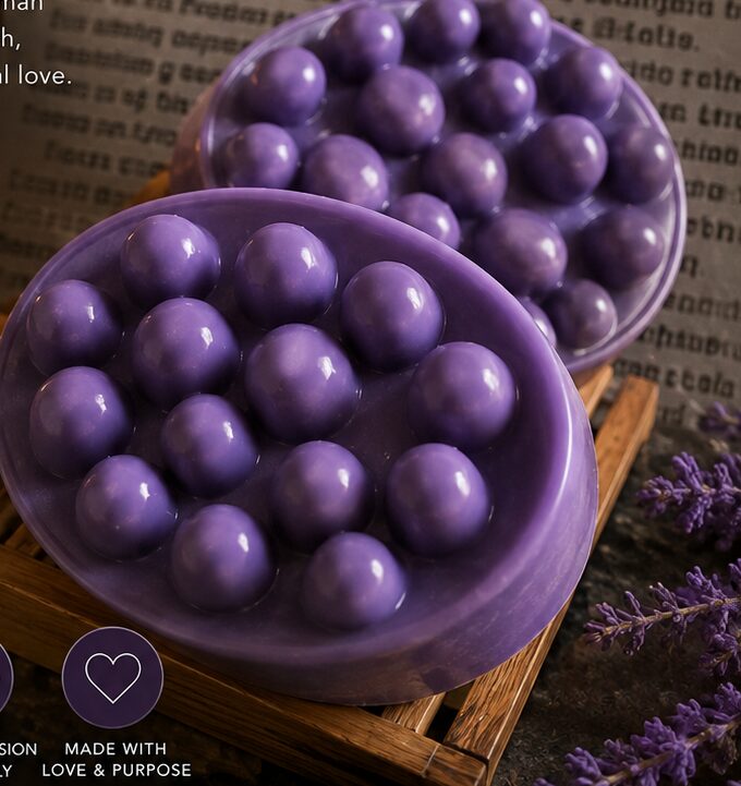 Two purple bowls filled with round purple candies on a wooden tray, with purple flowers nearby.