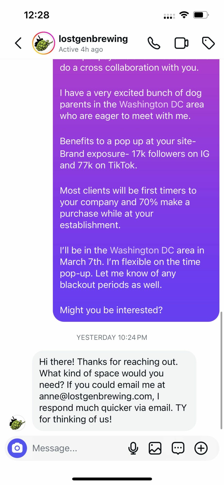 Screenshot of a messaging app with a conversation about collaboration, benefits, and a pop-up event, including a logo and timestamps.