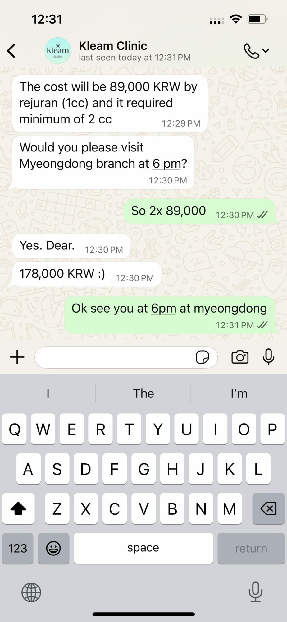 Chat conversation about clinic costs and appointment at Myeongdong branch, with currency in KRW, and a message about meeting at 6 pm.