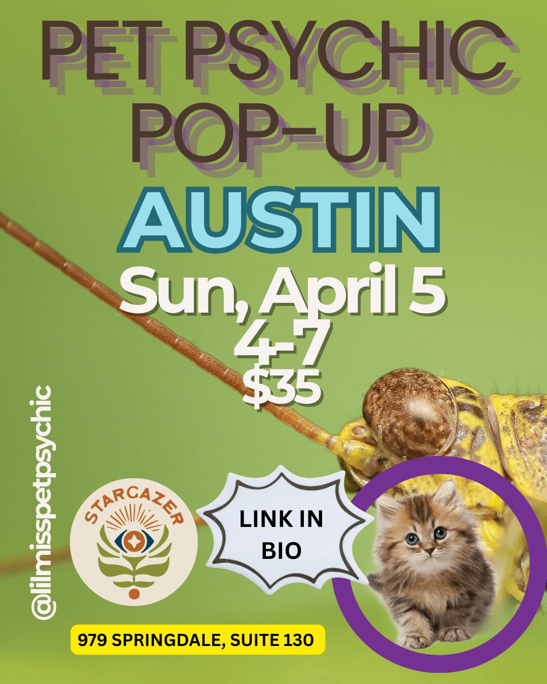 Event poster for pet psychic pop-up in Austin on April 5, with a kitten inside a purple circle, date, time, and price details.