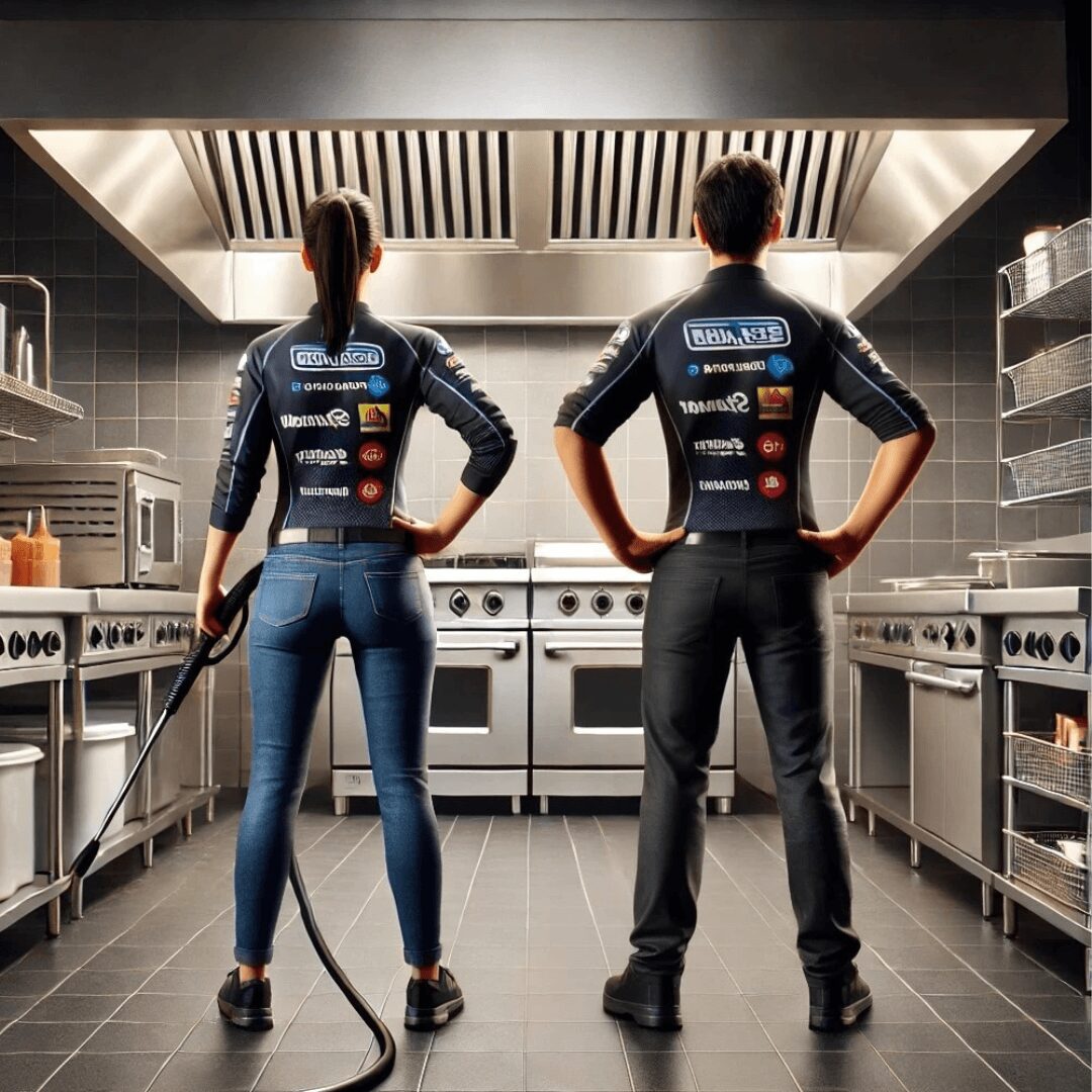 Two people in chef uniforms stand in a professional kitchen with their backs to the camera, hands on hips, facing a stove.