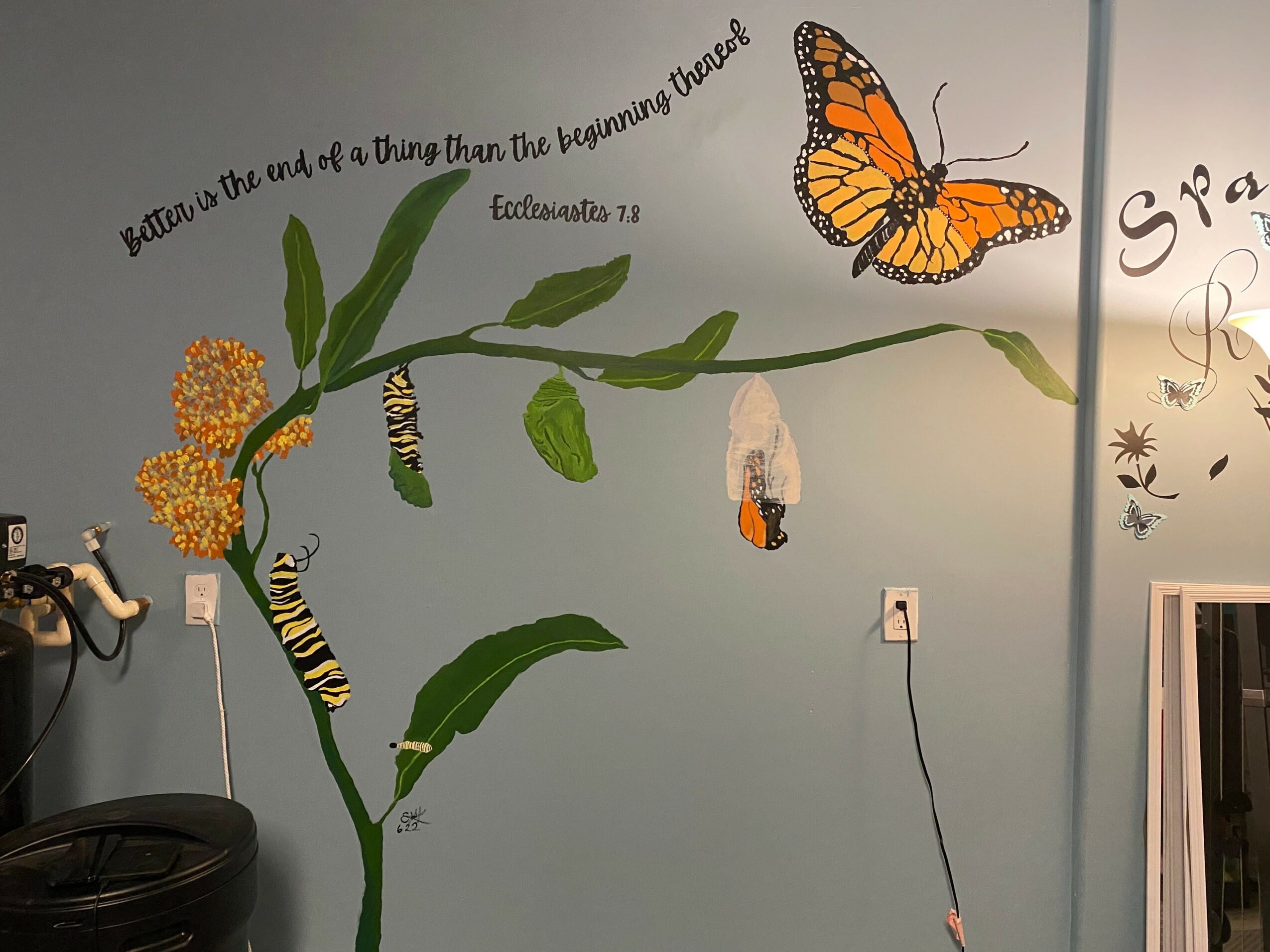 Wall mural of a butterfly, caterpillar, and plant with text, on a blue wall, with a power outlet and a mirror nearby.
