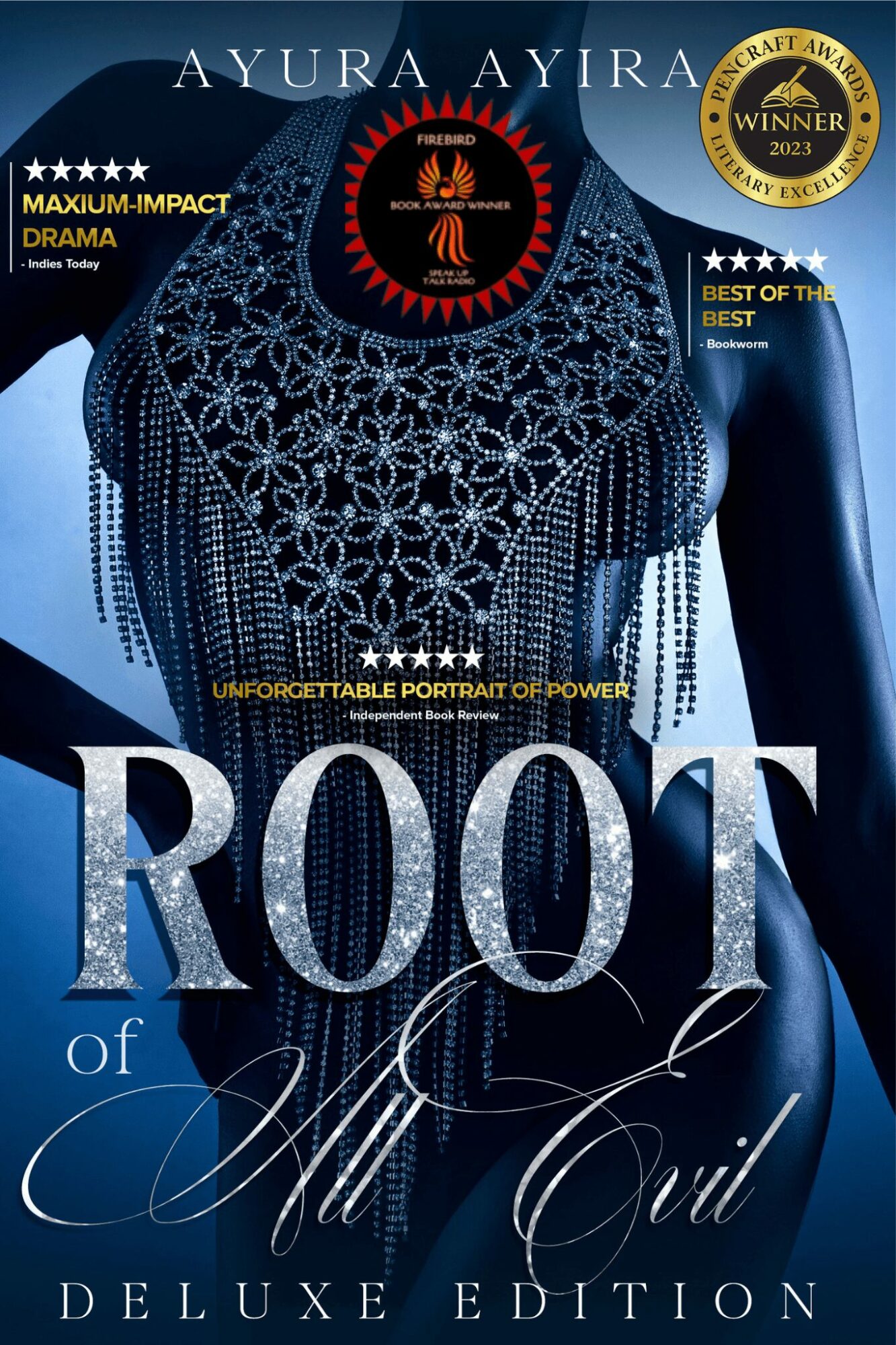 Book cover with intricate blue and silver design, title 'Root of My Soul,' and various award and author mentions.