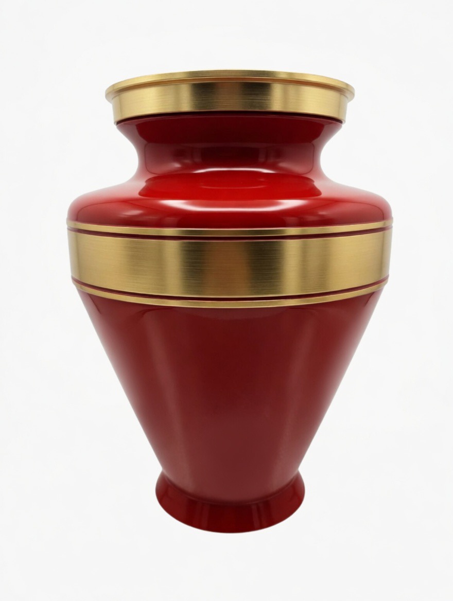 Red and gold decorative vase with a wide top and tapered base, featuring gold bands around the neck and middle.