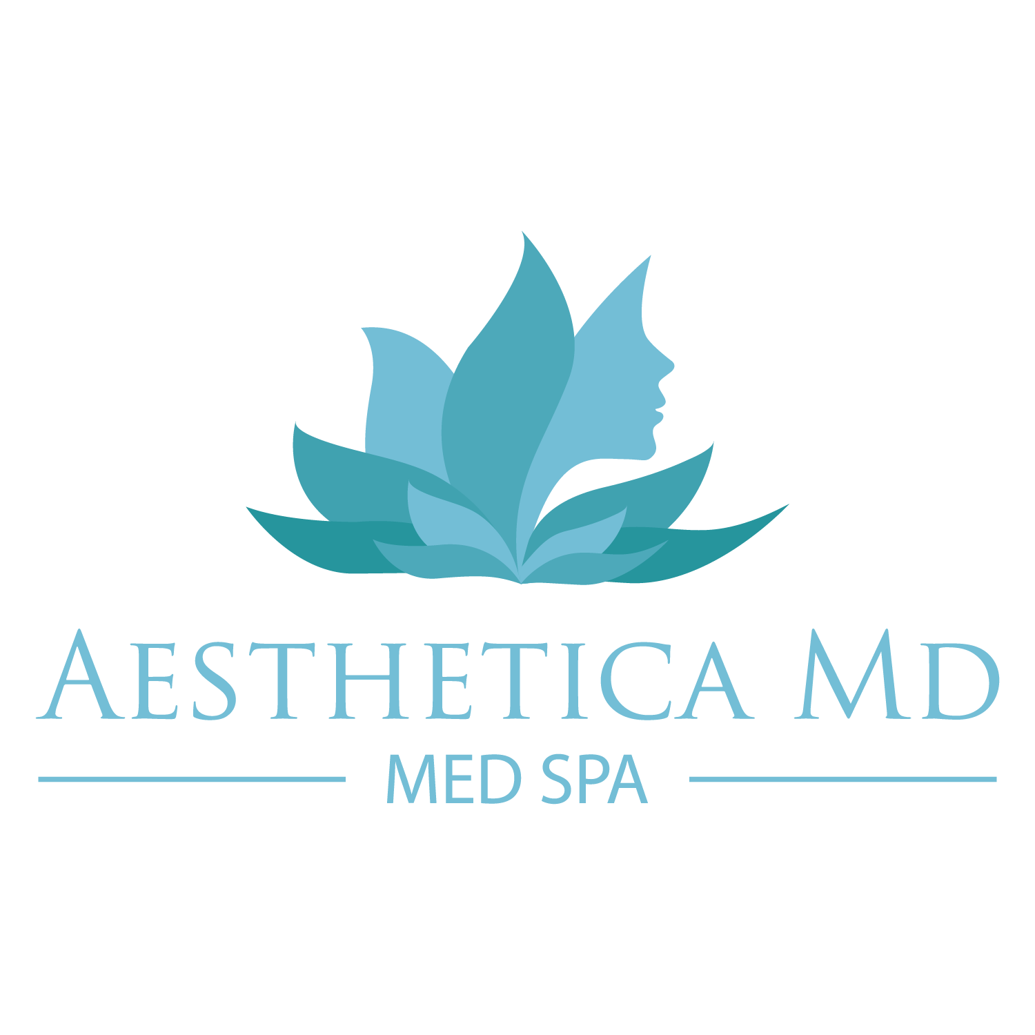 Logo with a stylized blue flower and a profile of a woman's face, text reads 'AESTHETICA MD MED SPA'.