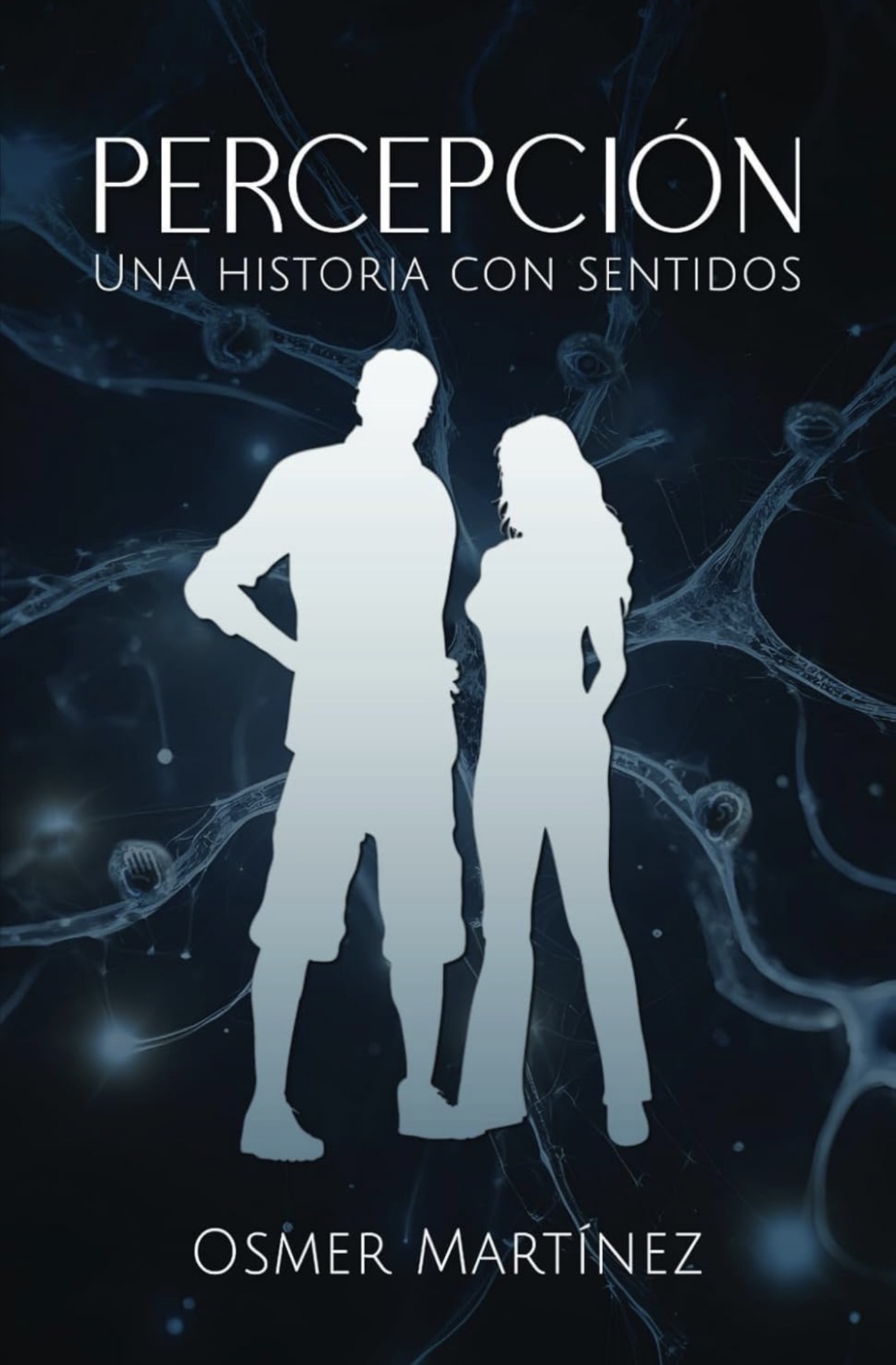 Silhouettes of a man and woman standing side by side against a dark, abstract background with neural network patterns.