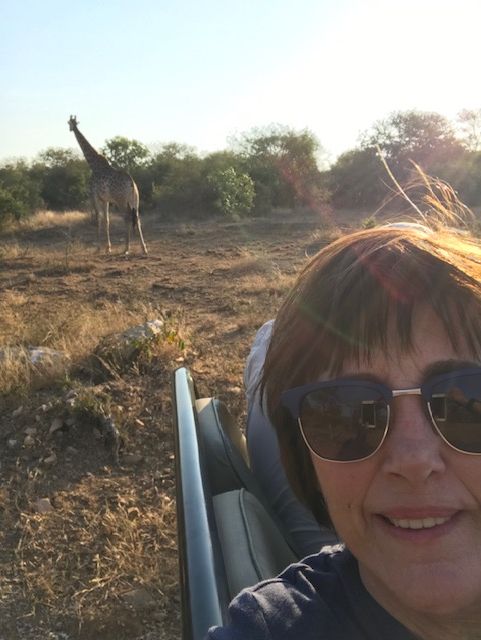 Person wearing sunglasses taking a selfie outdoors with a giraffe in the background.