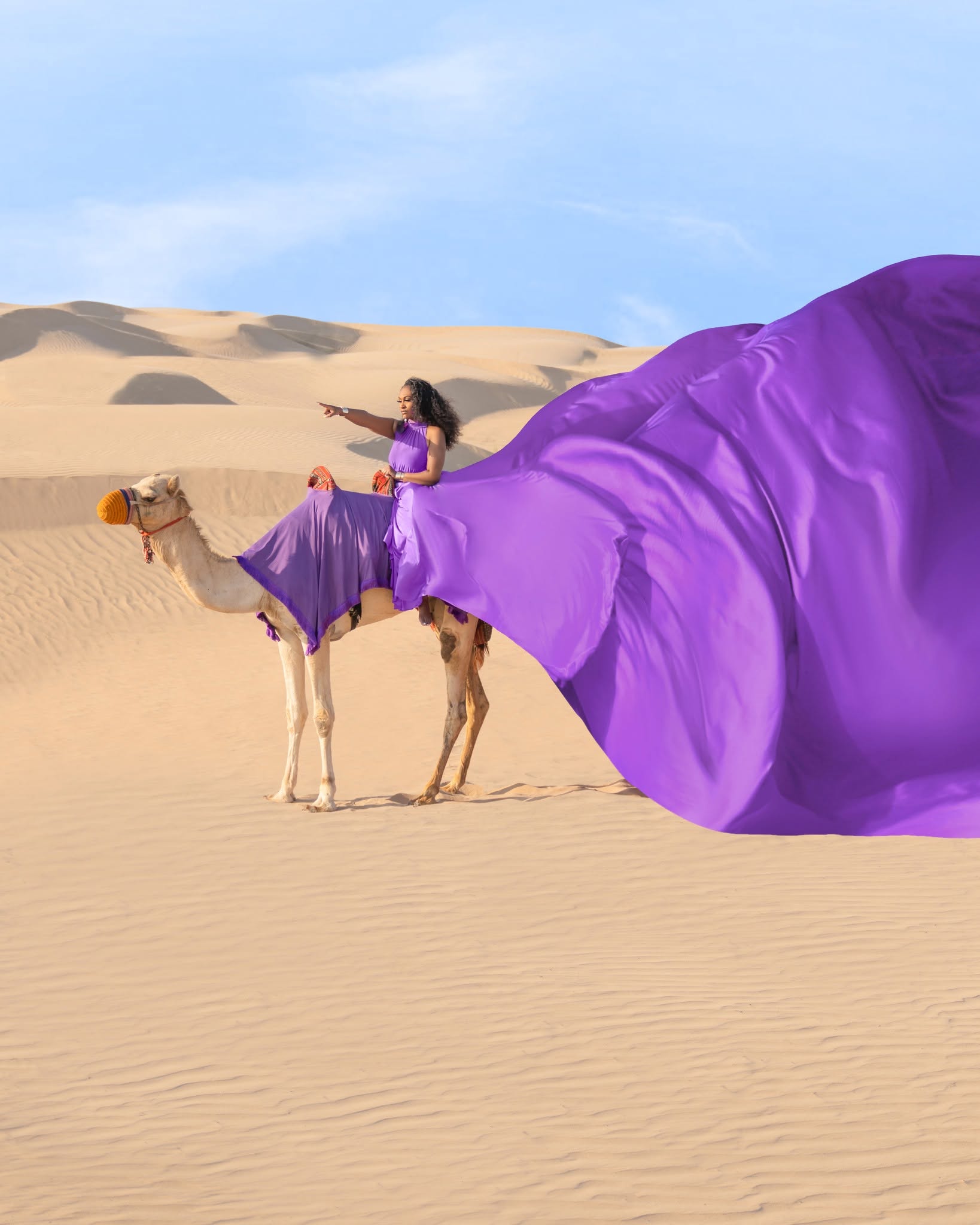 Person riding a camel in a desert with a large purple fabric flowing behind them.