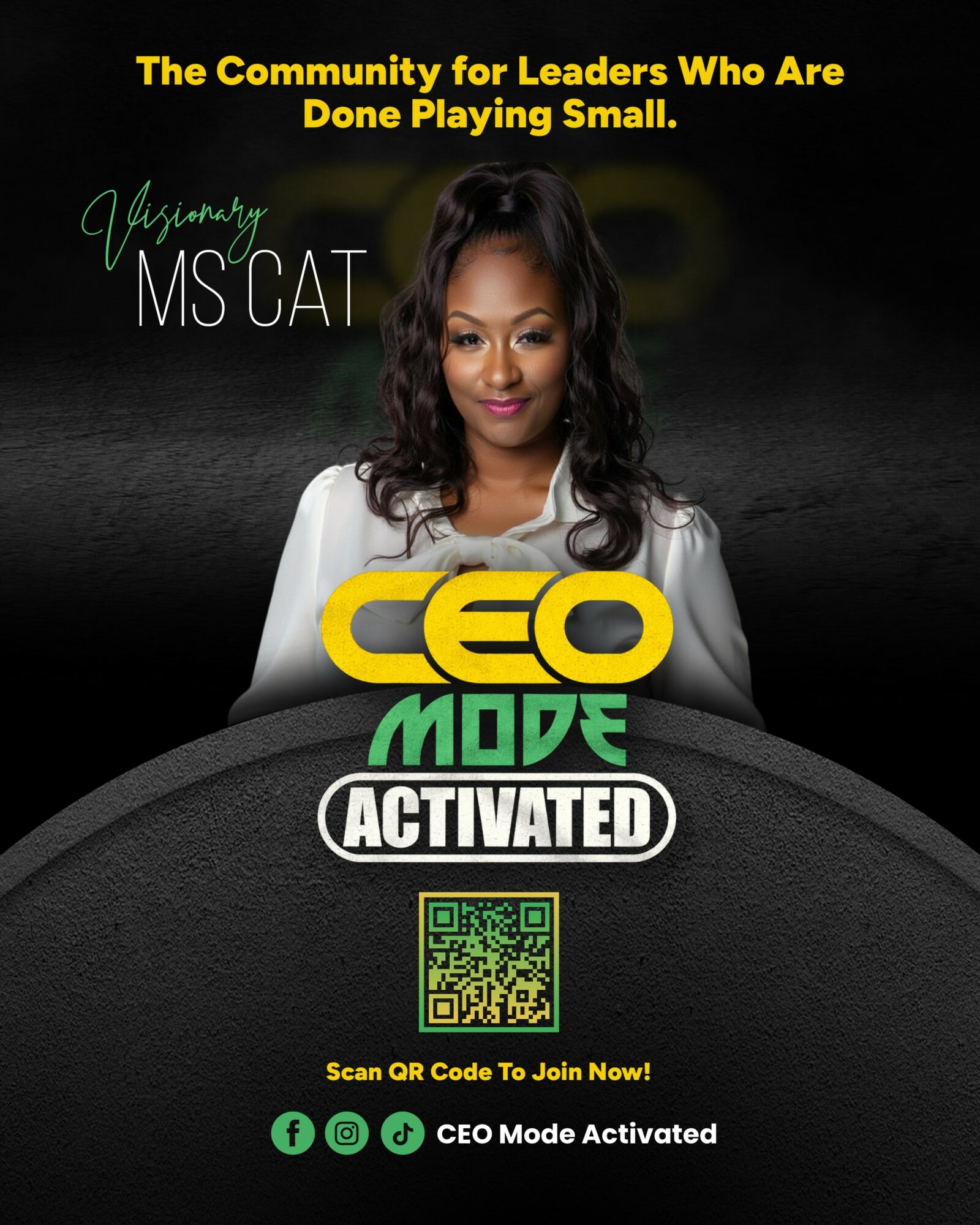 Woman with long dark hair smiling, text about CEO Mode activation, QR code, and social media icons.