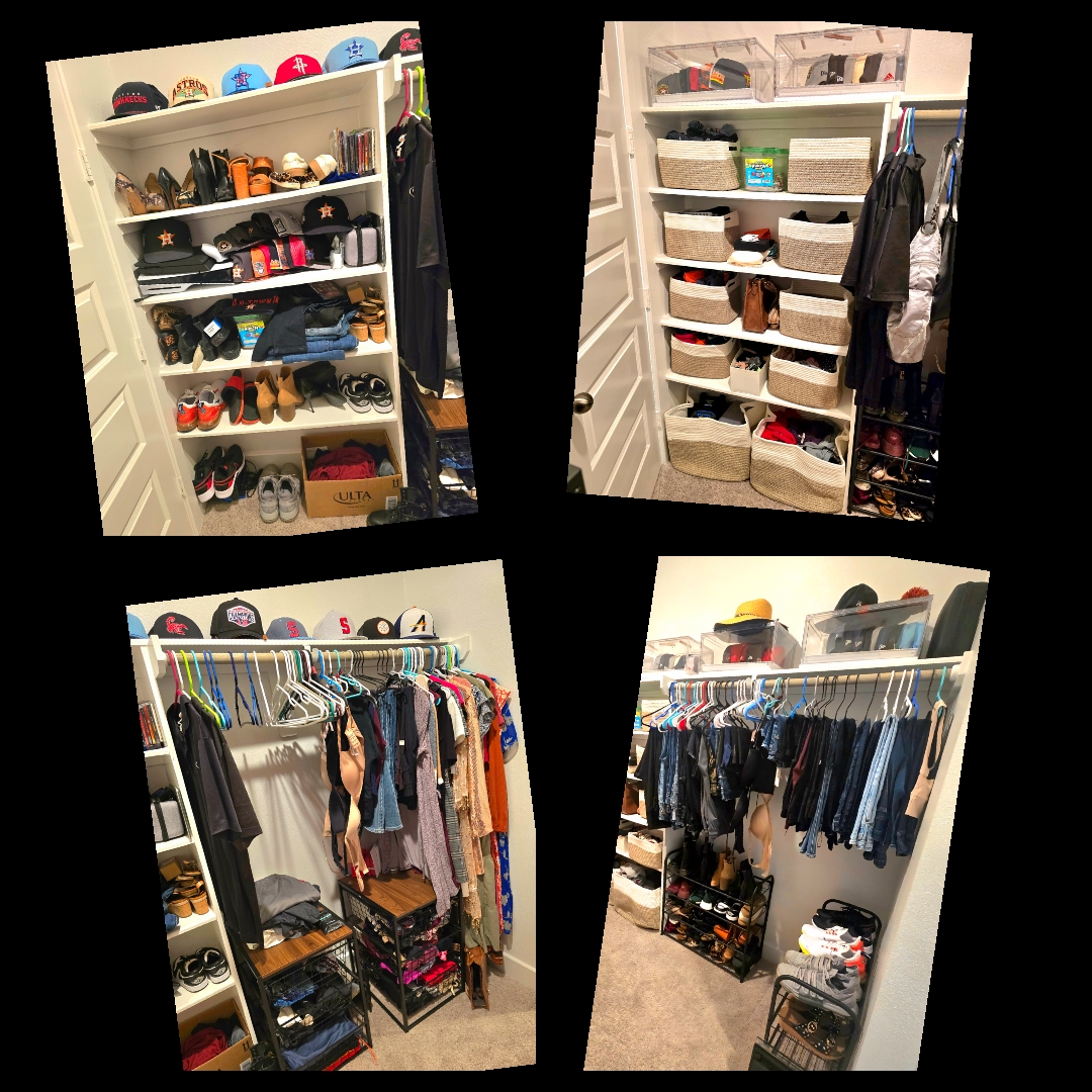Four closet shelves filled with shoes, clothes, and storage bins, viewed from different angles. Organized and tidy space.