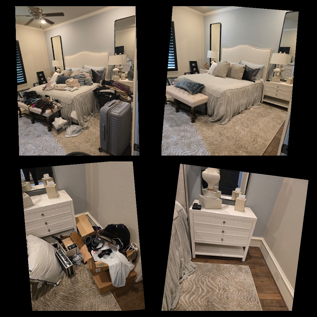 Bedroom with bed, dresser, and cluttered items, including a suitcase and boxes, in a well-lit room with a mirror and nightstand.
