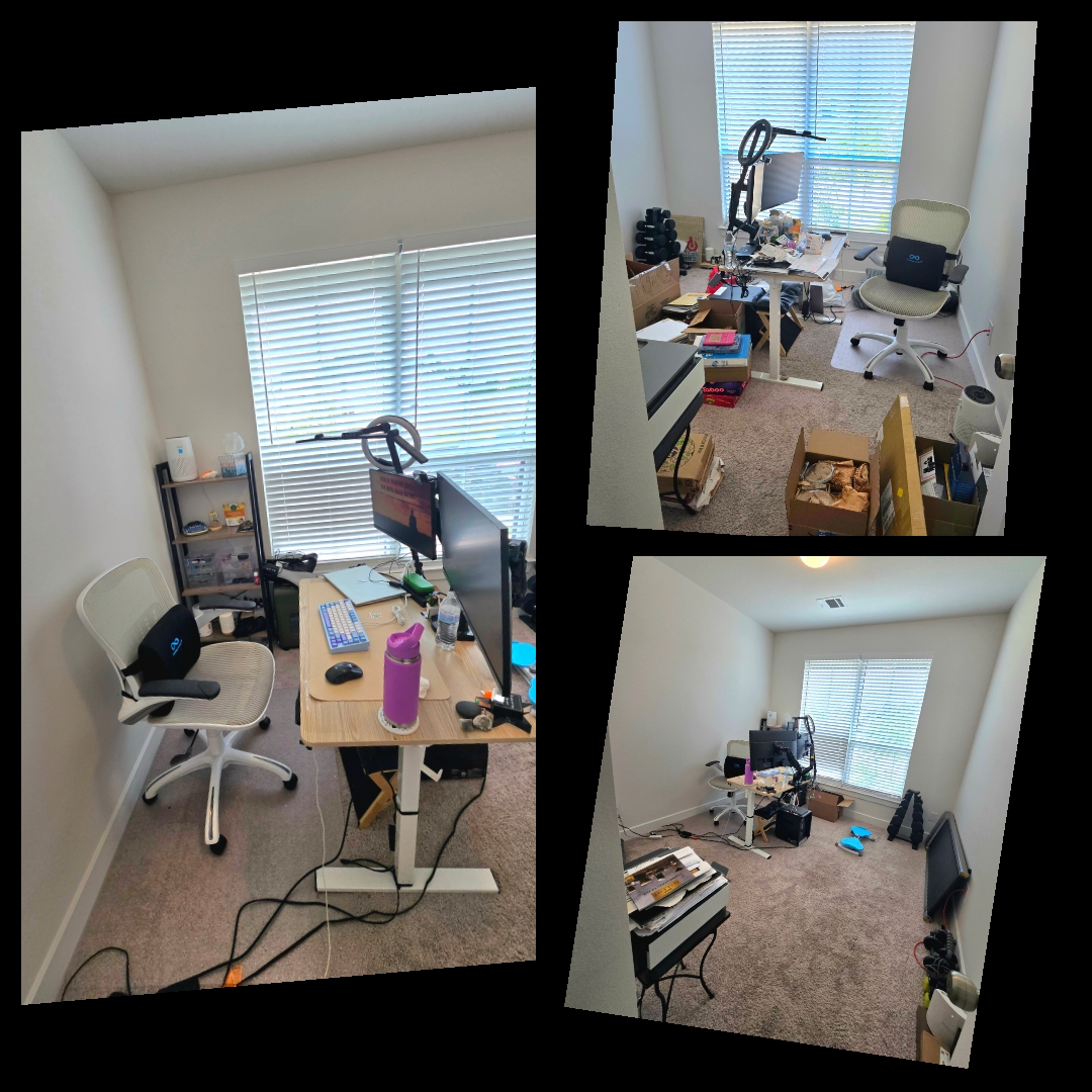 Three cluttered office spaces with desks, chairs, and equipment, viewed from different angles. One window with blinds is visible.