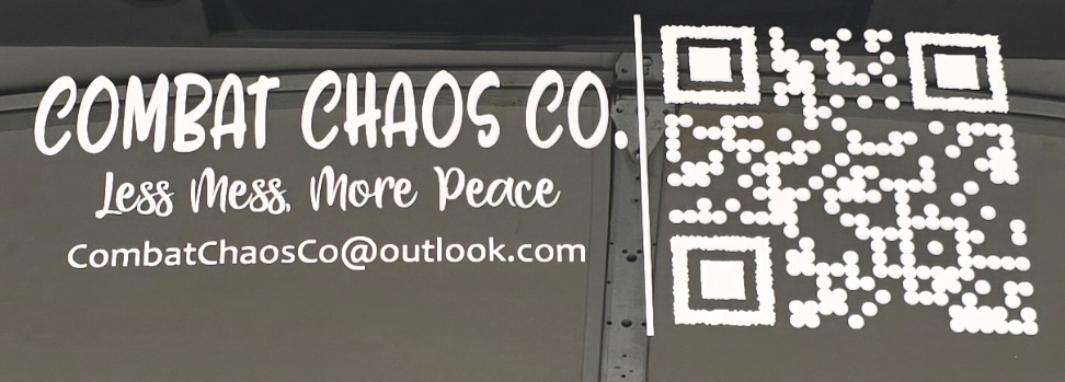 Business card with company name, slogan, email, and a QR code, on a dark background.