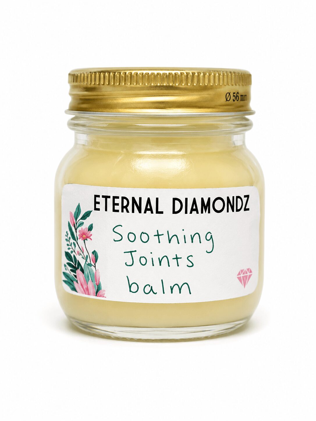 Small jar of soothing joints balm with a white label and gold lid, featuring floral design and handwritten text.