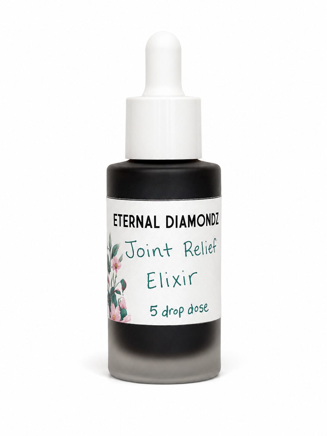 Black dropper bottle labeled 'Eternal Diamond Joint Relief Elixir' with a white cap and floral design, 5-drop dose.