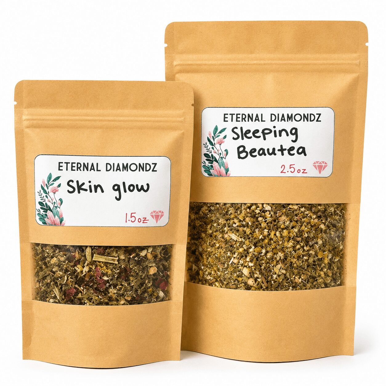 Two brown resealable pouches with labels, one labeled 'Skin glow' and the other 'Sleeping Beautea,' containing herbal products.