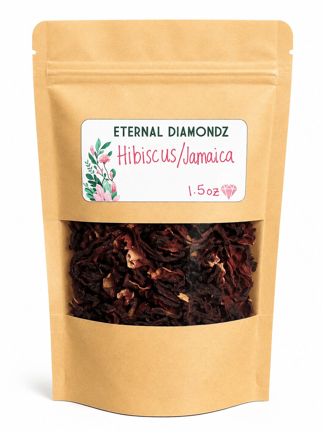 Kraft paper bag with a label reading 'ETERNAL DIAMONDZ Hibiscus/Jamaica' and a transparent window showing dried hibiscus flowers.
