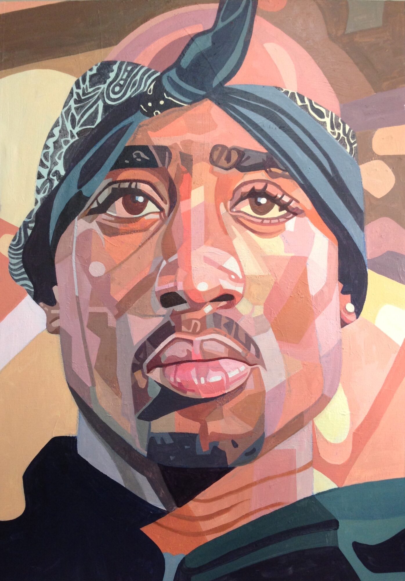 Portrait of a person with a headscarf, detailed facial features, and a serious expression, painted in a geometric style.