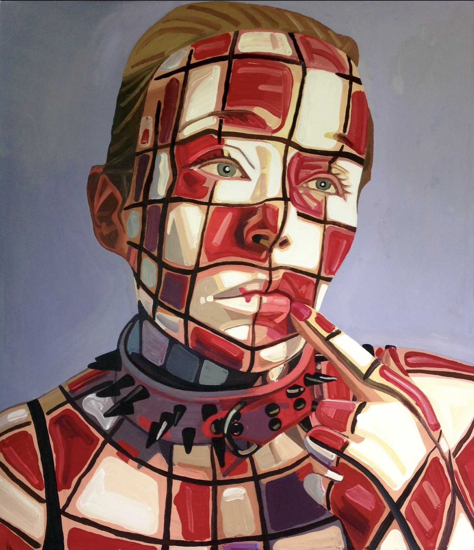 Portrait of a woman with a grid-like pattern on her face, holding a cigarette, wearing a spiked collar, in a stylized art style.